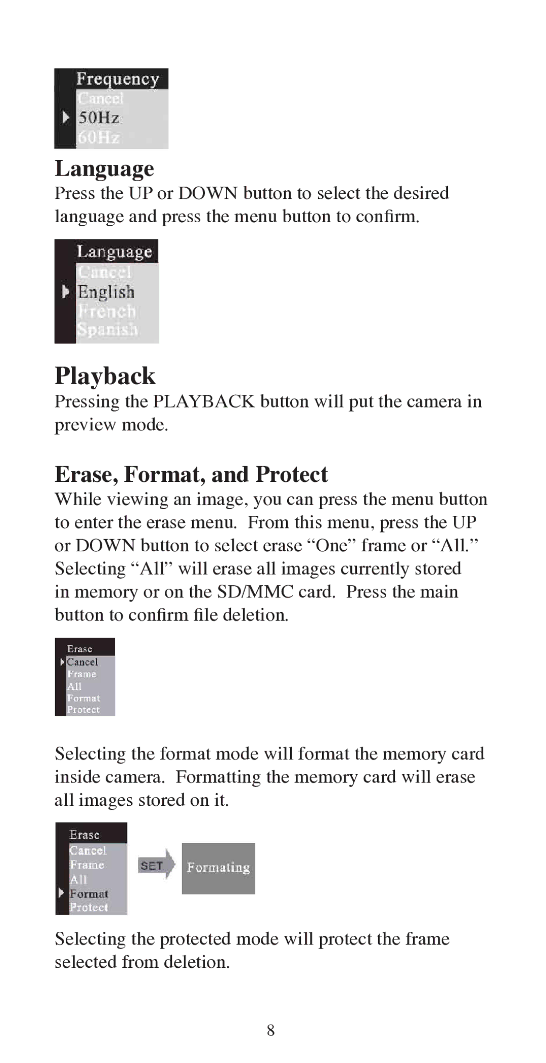 Argus Camera QC-3195B manual Playback, Language, Erase, Format, and Protect 