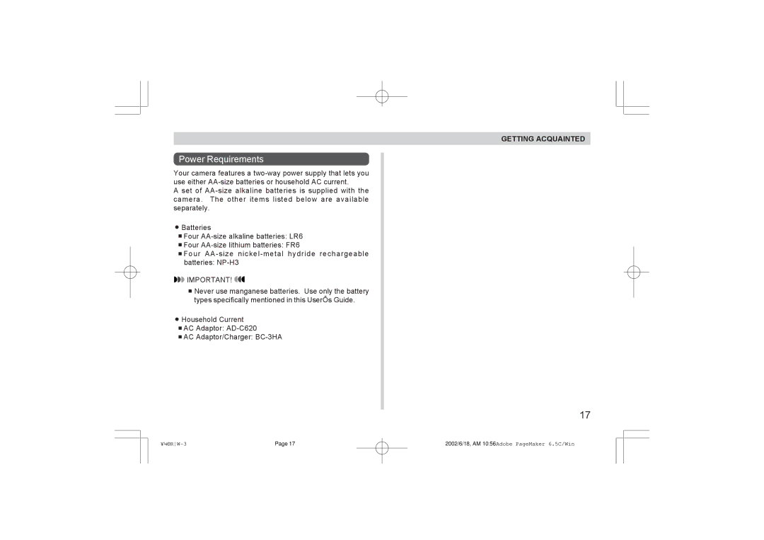 Argus Camera RW-1 manual Power Requirements 