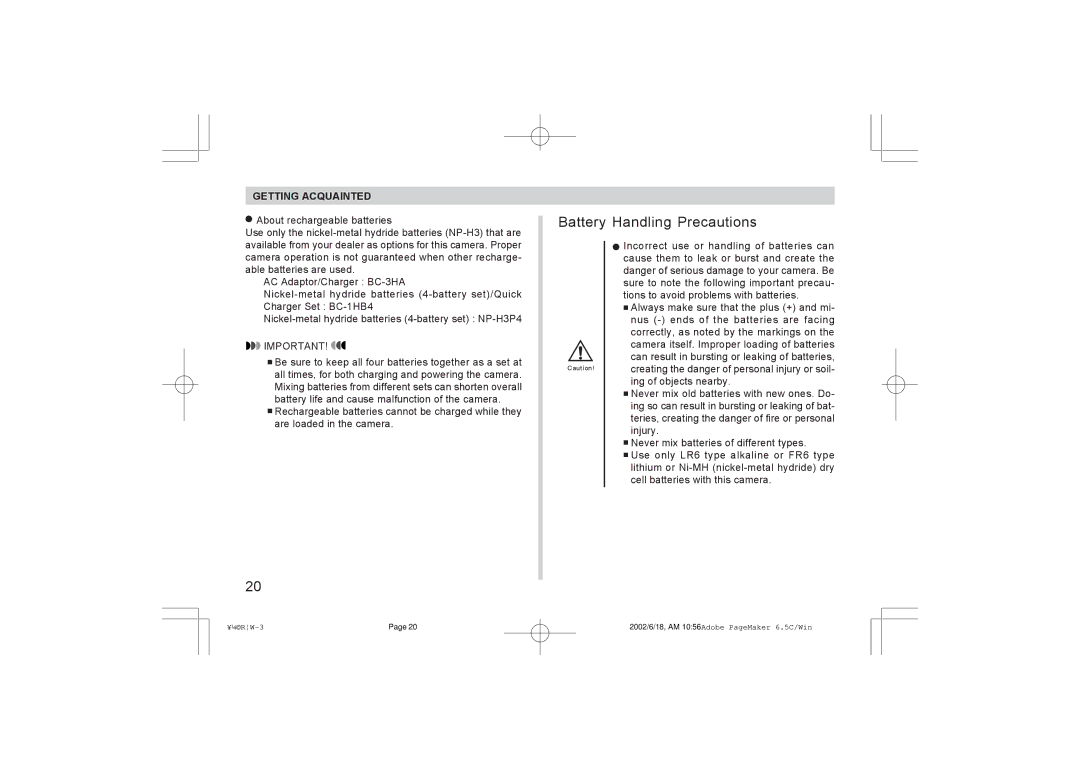 Argus Camera RW-1 manual Battery Handling Precautions, Cell batteries with this camera 