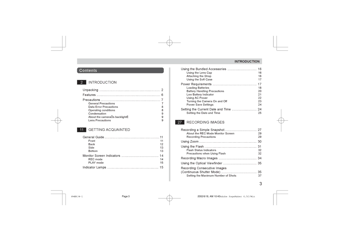 Argus Camera RW-1 manual Contents 