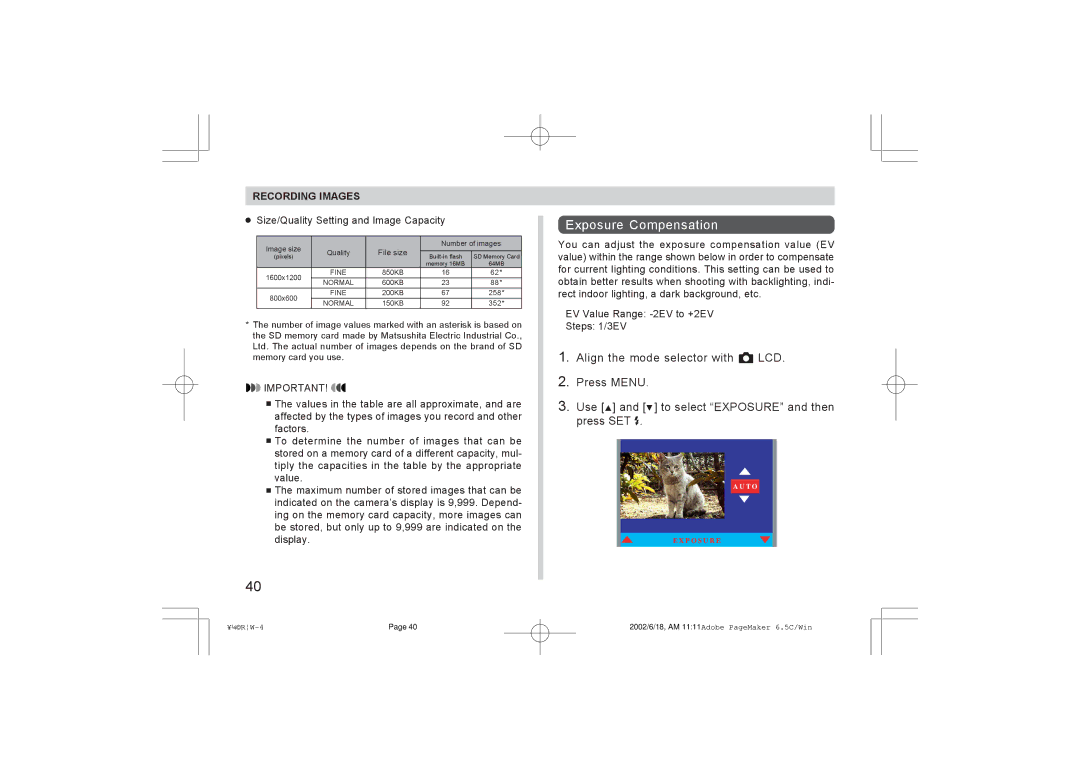 Argus Camera RW-1 manual Exposure Compensation, Size/Quality Setting and Image Capacity 