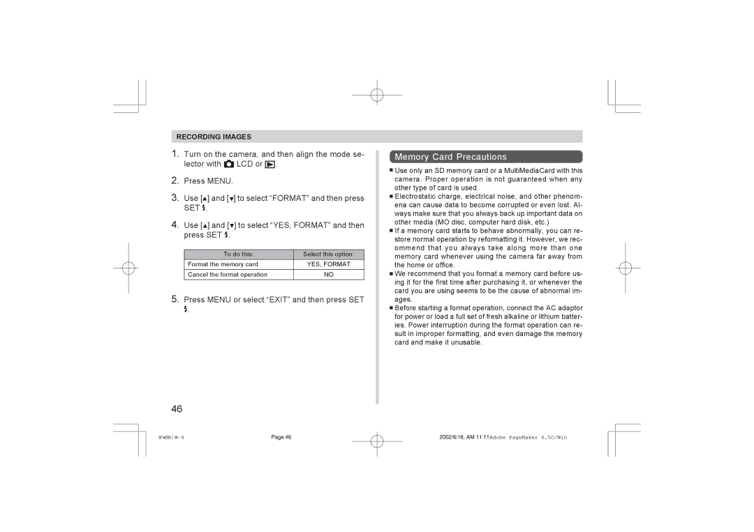 Argus Camera RW-1 manual Memory Card Precautions 