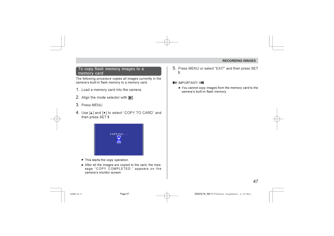 Argus Camera RW-1 manual To copy flash memory images to a memory card 