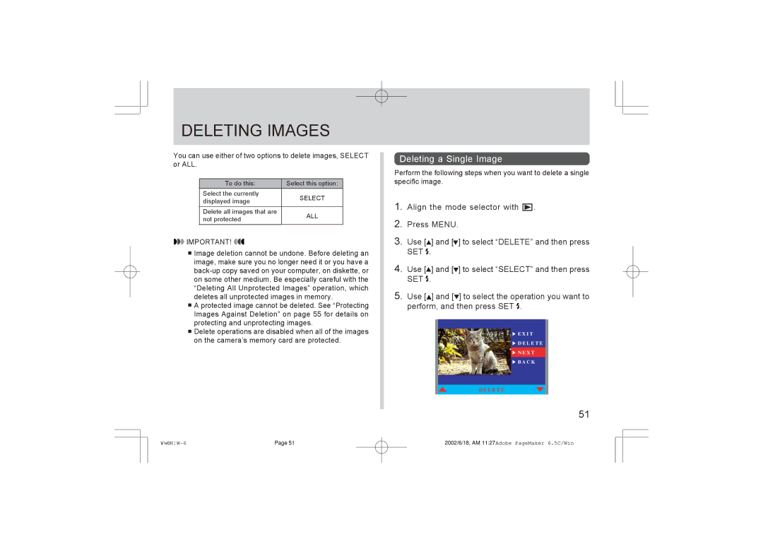 Argus Camera RW-1 manual Deleting Images, Deleting a Single Image 