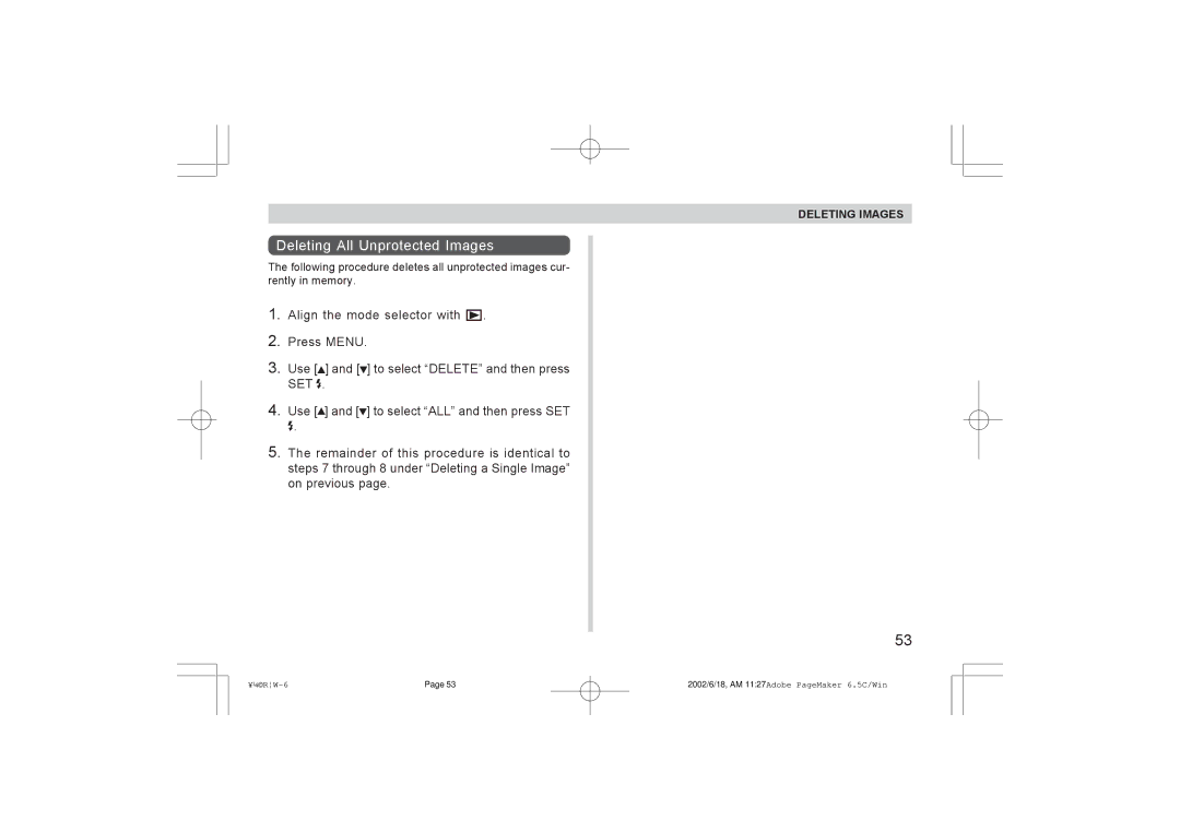 Argus Camera RW-1 manual Deleting All Unprotected Images, Set 