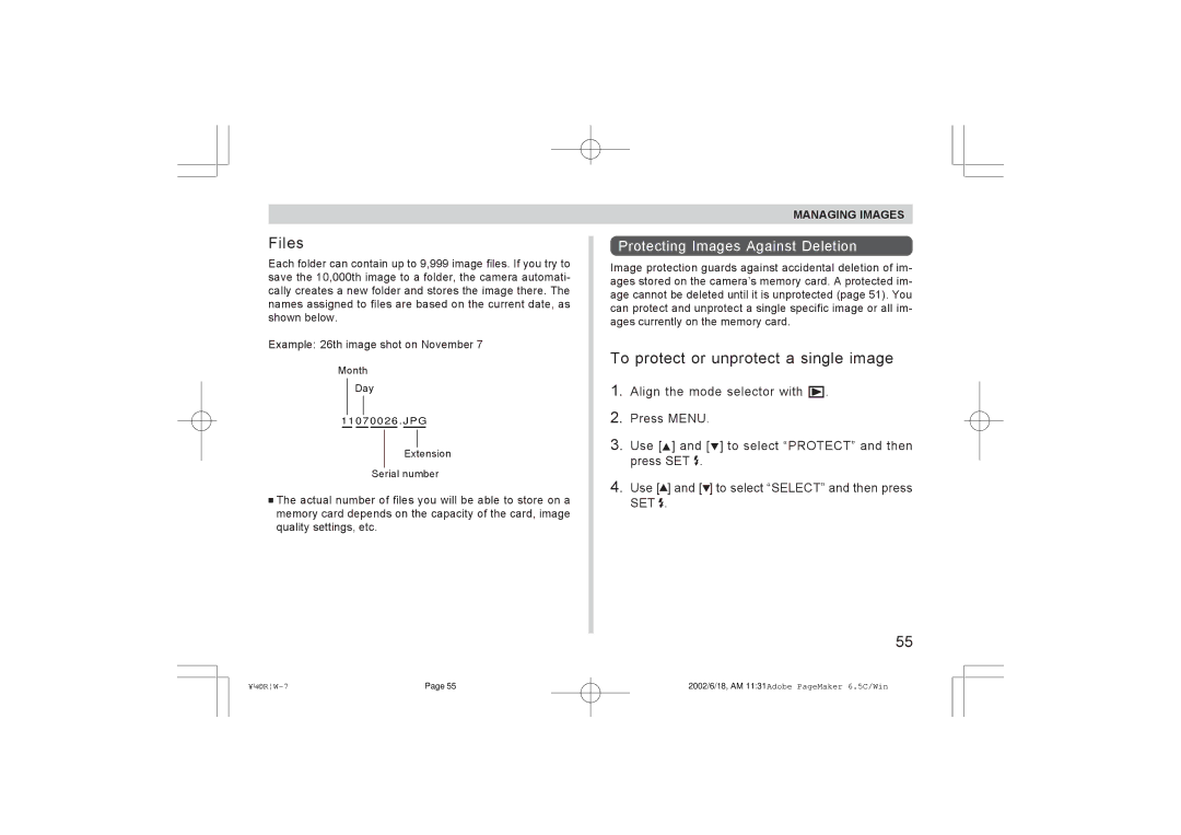 Argus Camera RW-1 manual Files, To protect or unprotect a single image, Protecting Images Against Deletion 