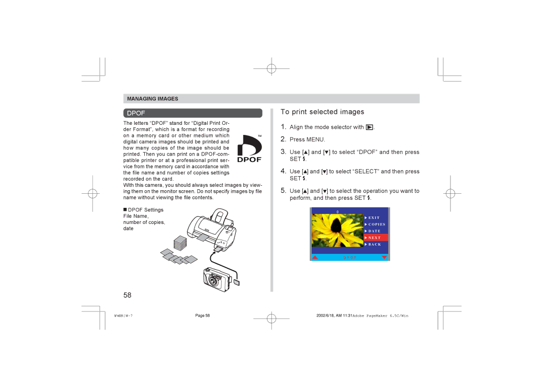 Argus Camera RW-1 manual To print selected images, Dpof 