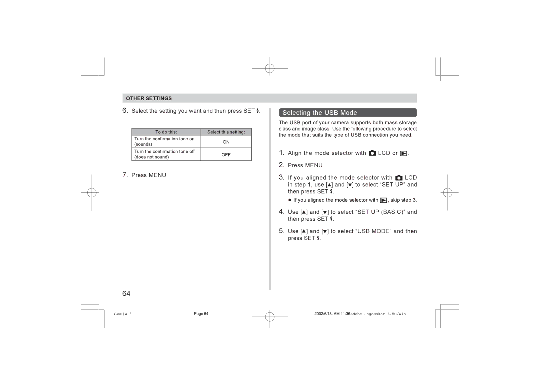 Argus Camera RW-1 manual Selecting the USB Mode, Select the setting you want and then press SET 