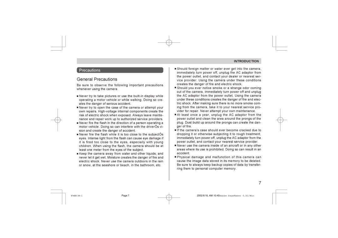 Argus Camera RW-1 manual General Precautions 