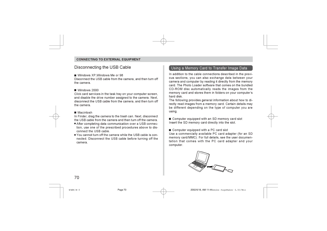 Argus Camera RW-1 manual Disconnecting the USB Cable, Using a Memory Card to Transfer Image Data 