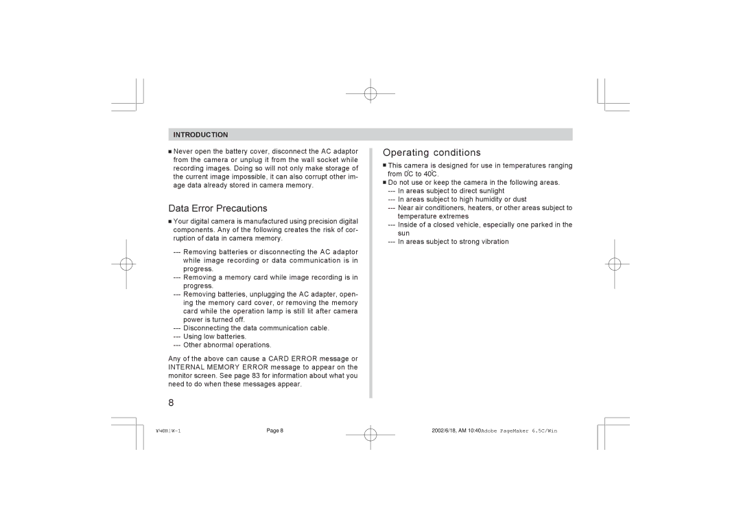 Argus Camera RW-1 manual Data Error Precautions, Operating conditions 