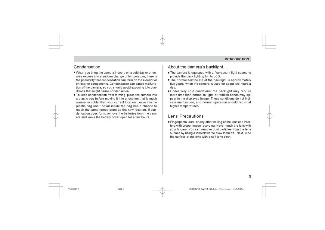 Argus Camera RW-1 manual Condensation, About the camera’s backlight, Lens Precautions 