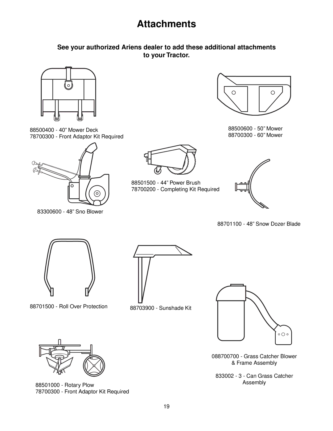 Ariens 070 - Professional G, 071 - Professional G, 072 - Professional G manual Attachments 