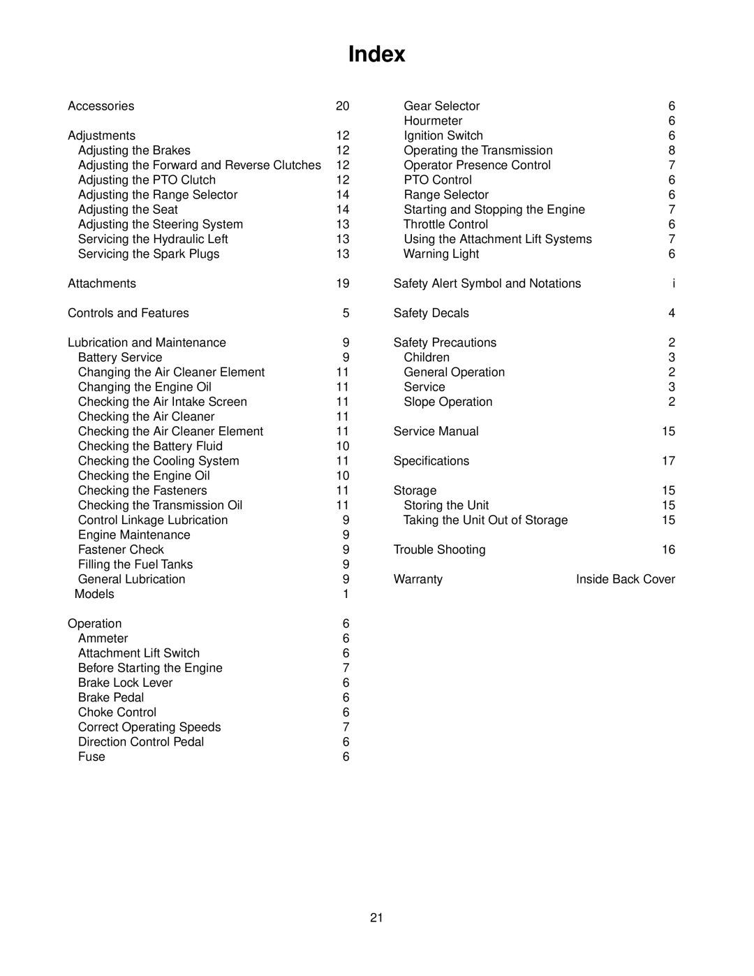 Ariens 070 - Professional G, 071 - Professional G, 072 - Professional G manual Index 