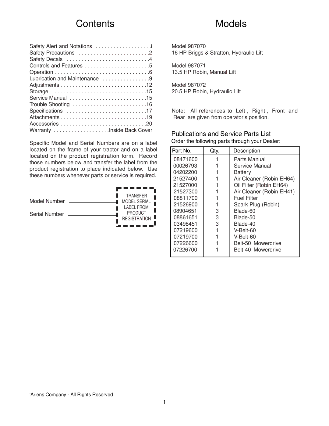 Ariens 070 - Professional G, 071 - Professional G, 072 - Professional G manual Contents 