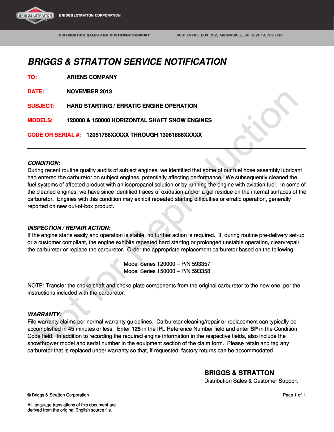 Ariens 120000 CODE OR SERIAL # 12051788XXXXX THROUGH, Briggs & Stratton Service Notification, Ariens Company, Date, Models 