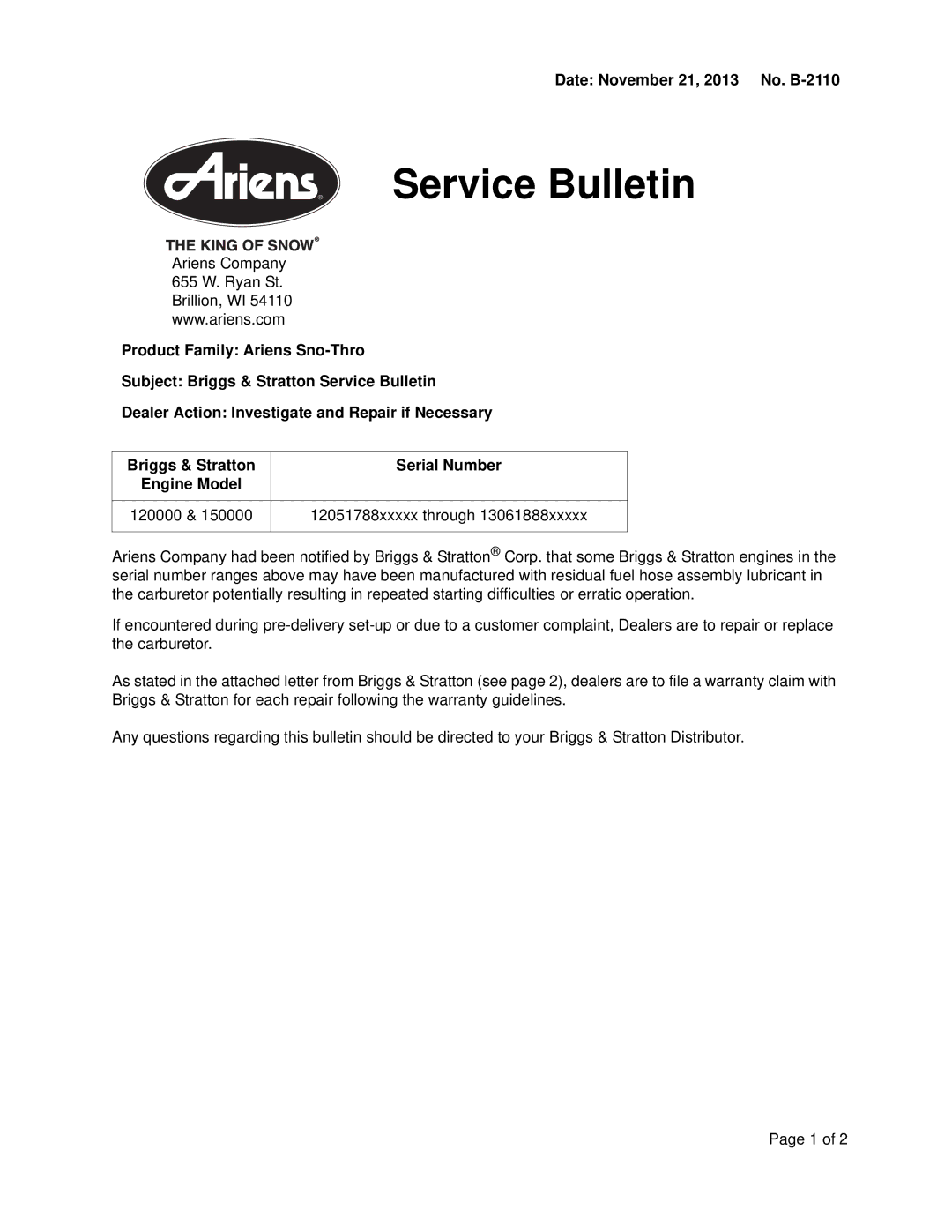 Ariens 150000 warranty Service Bulletin, Date November 21, 2013 No. B-2110, 120000 12051788xxxxx through 