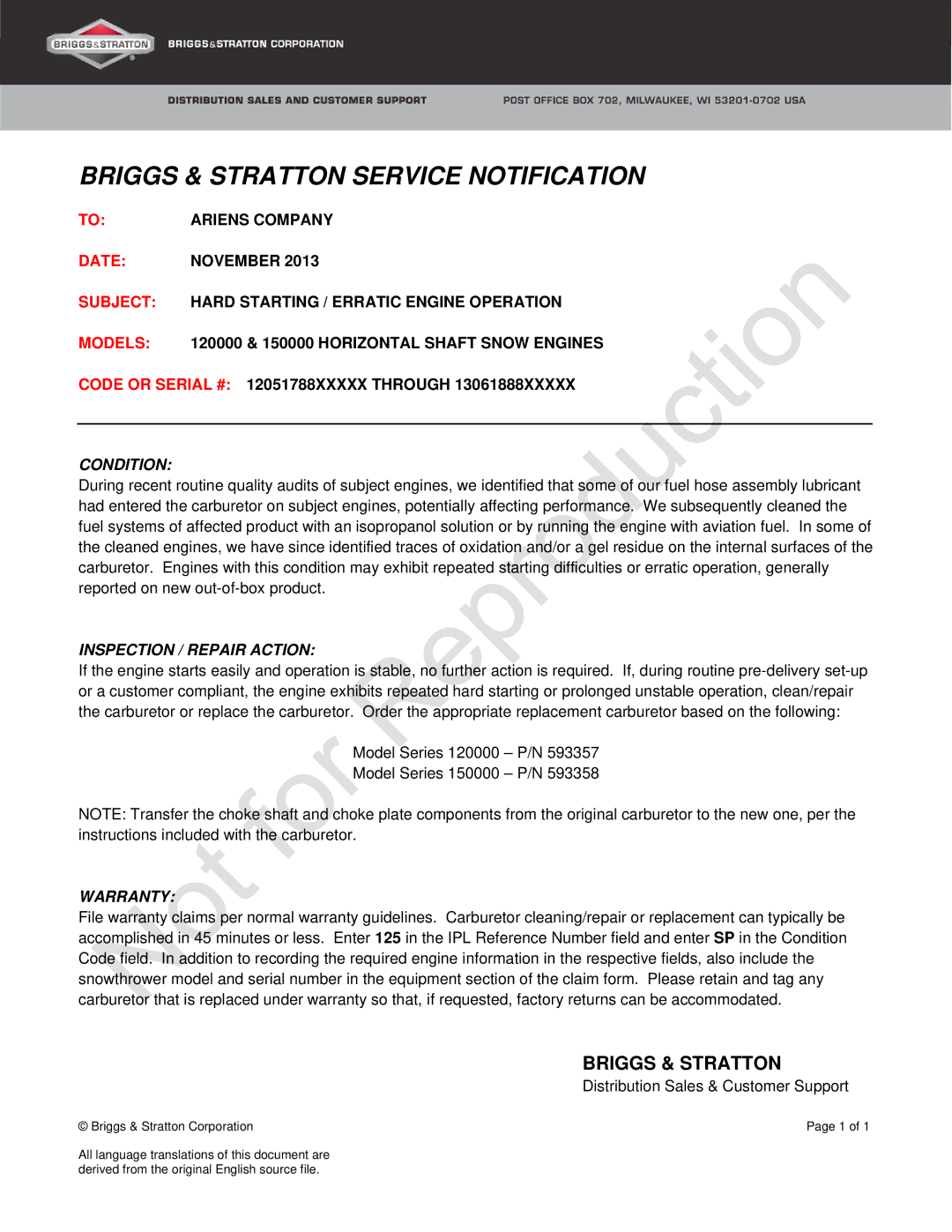 Ariens 120000, 150000 warranty Briggs & Stratton Service Notification, Condition, Inspection / Repair Action, Warranty 