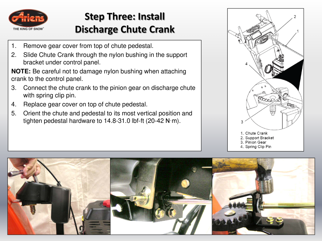 Ariens 24 LE (920014 s/n 100000 & up) quick start Step Three Install Discharge Chute Crank 