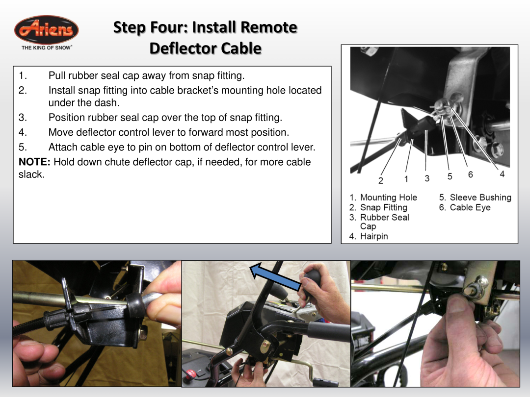 Ariens 24 LE (920014 s/n 100000 & up) quick start Step Four Install Remote Deflector Cable 