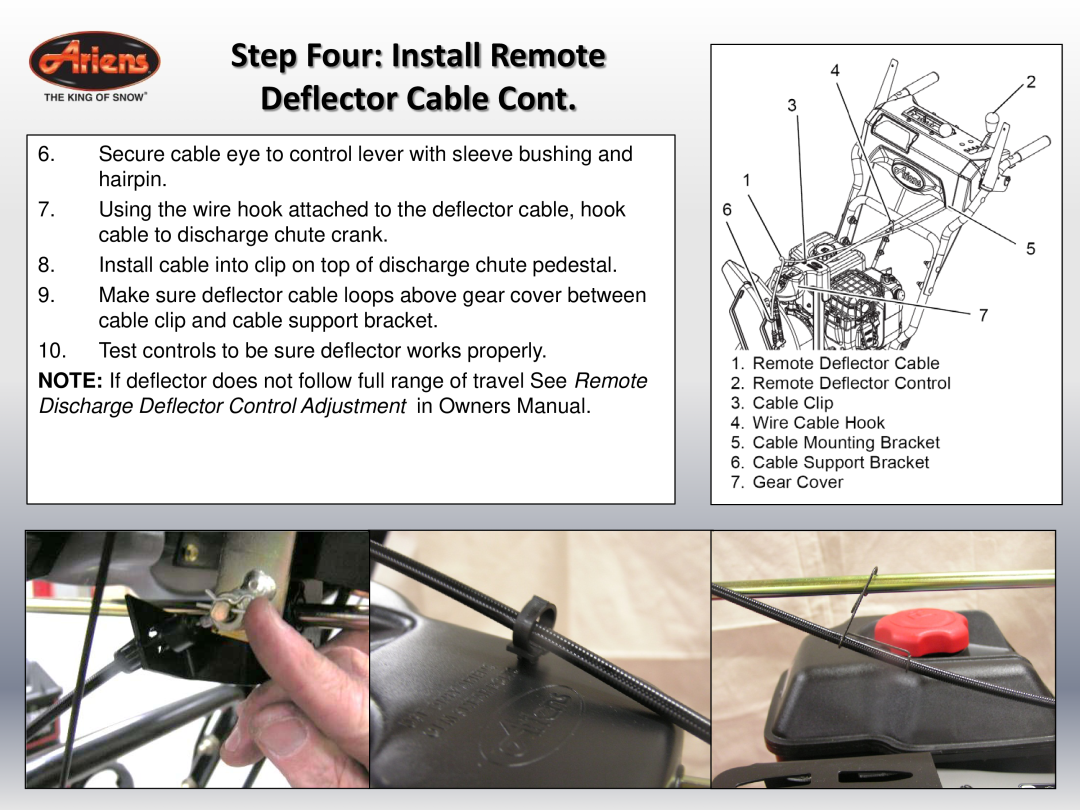 Ariens 24 LE (920014 s/n 100000 & up) quick start Step Four Install Remote Deflector Cable Cont 
