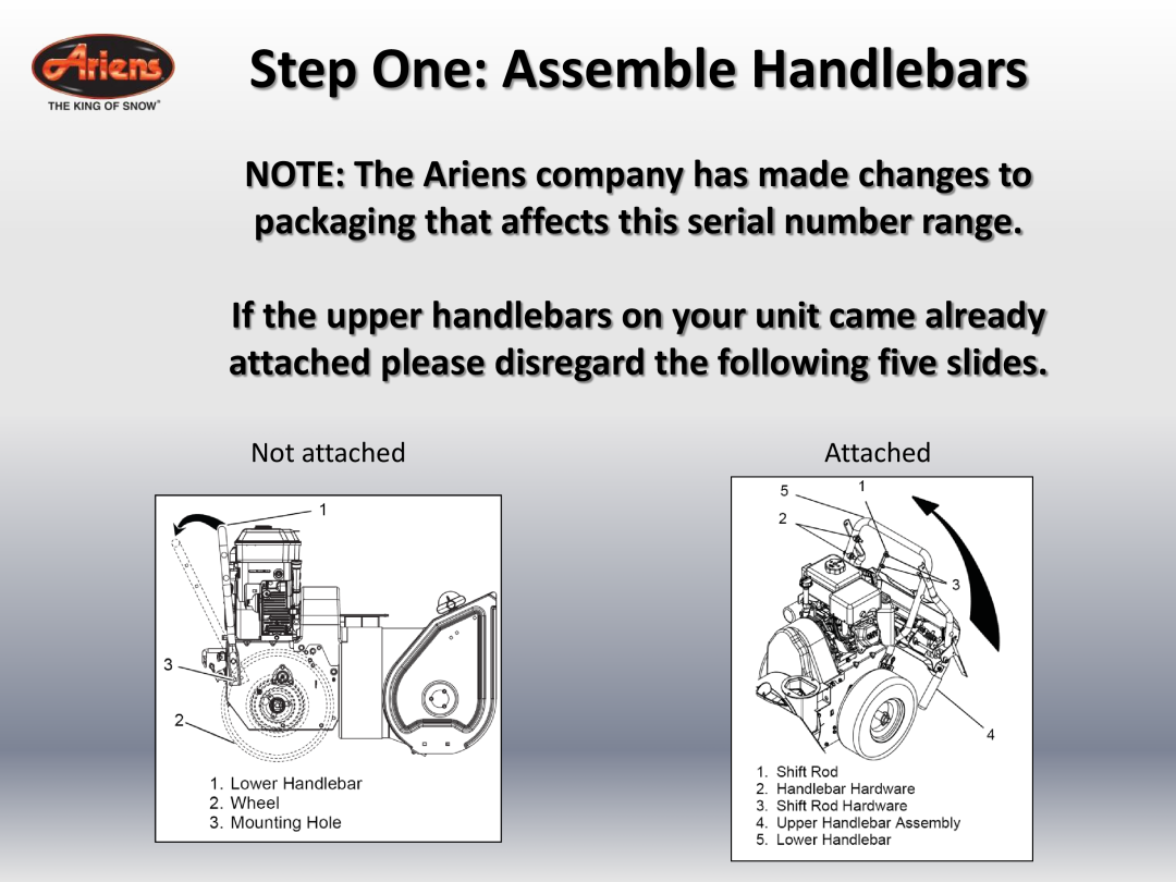 Ariens 24 LE (920014 s/n 100000 & up) quick start Step One Assemble Handlebars, Not attached 