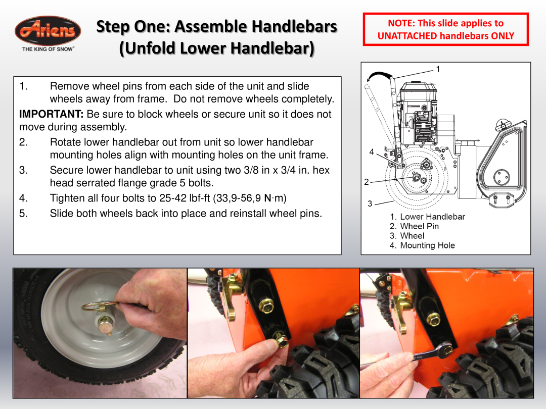 Ariens 24 LE (920014 s/n 100000 & up) quick start Step One Assemble Handlebars Unfold Lower Handlebar 