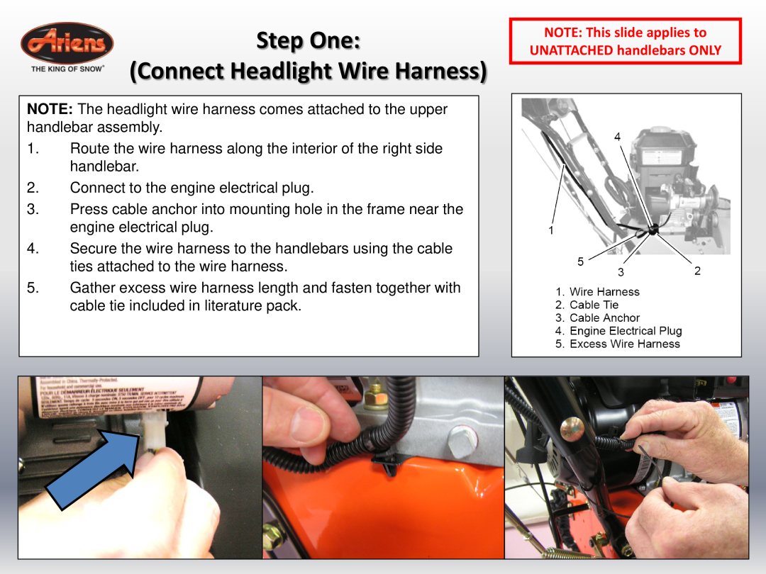 Ariens 24 LE (920014 s/n 100000 & up) quick start Step One Connect Headlight Wire Harness 
