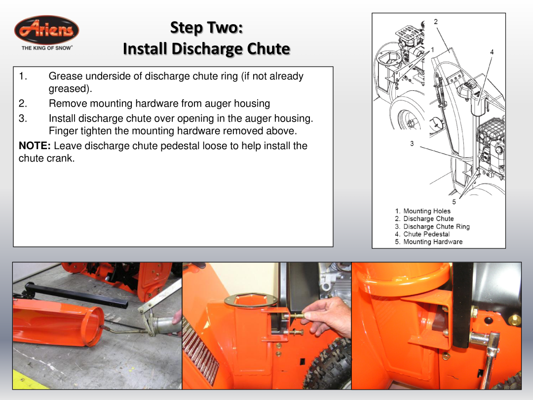 Ariens 24 LE (920014 s/n 100000 & up) Step Two Install Discharge Chute, Remove mounting hardware from auger housing 
