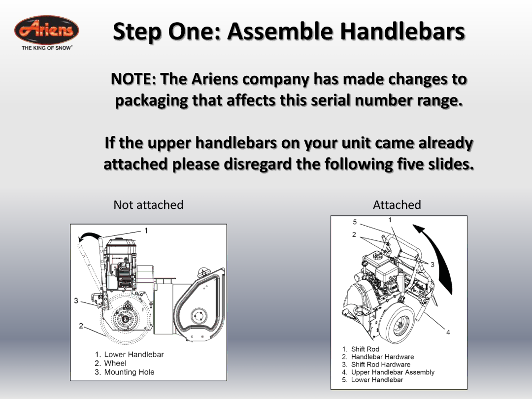 Ariens 24 LE (920014 s/n 100000 & up) quick start Step One Assemble Handlebars 