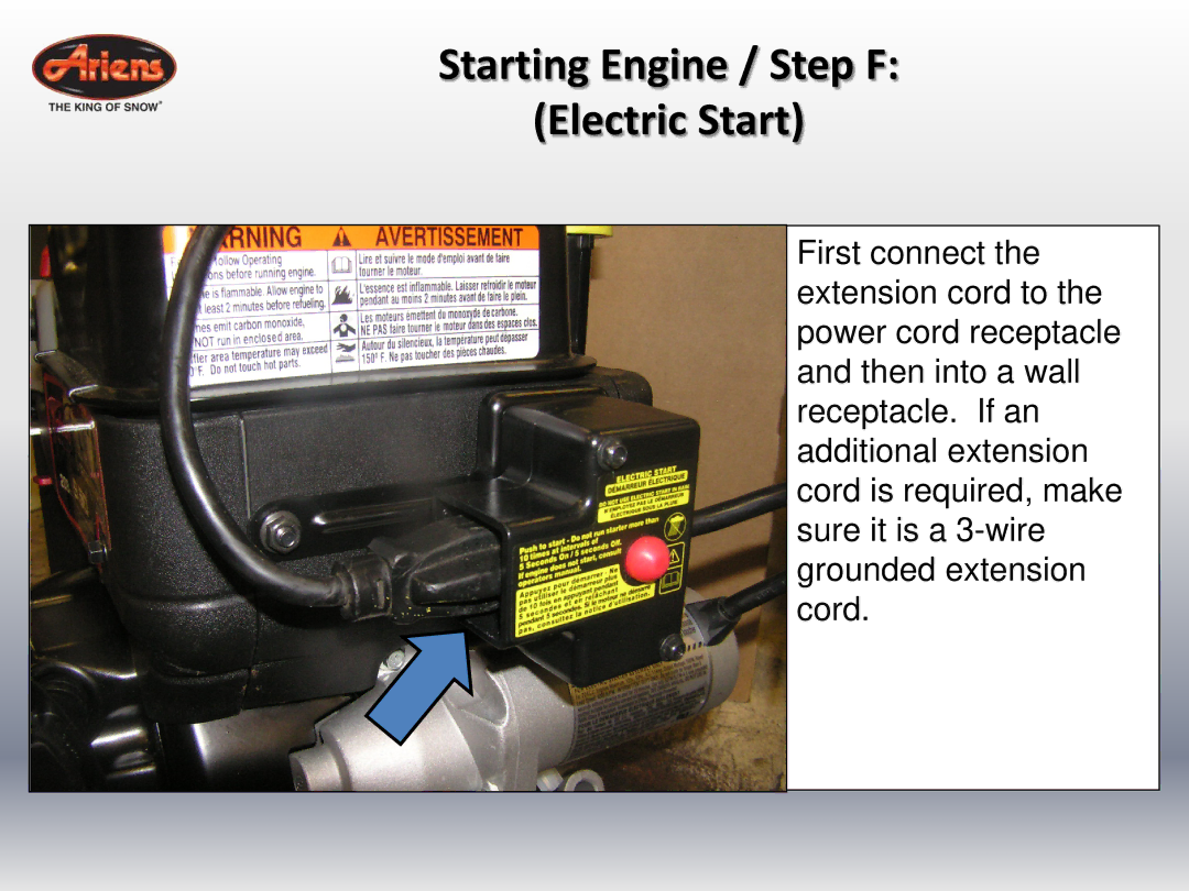 Ariens 24 LE (920014 s/n 100000 & up) quick start Starting Engine / Step F Electric Start 