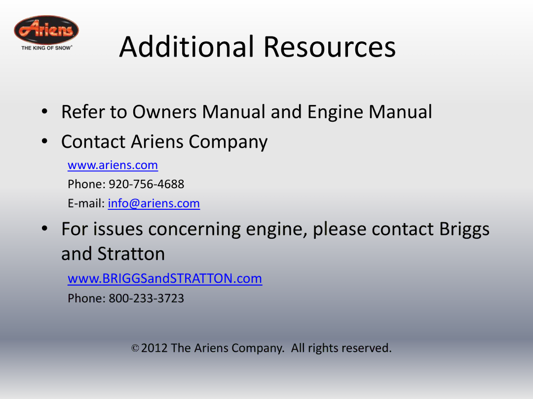 Ariens 24 LE (920014 s/n 100000 & up) quick start Additional Resources 