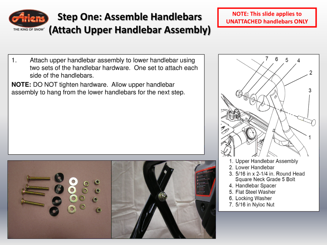 Ariens 24 LE (920014 s/n 100000 & up) quick start Step One Assemble Handlebars Attach Upper Handlebar Assembly 