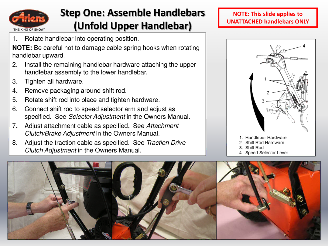 Ariens 24 LE (920014 s/n 100000 & up) quick start Step One Assemble Handlebars Unfold Upper Handlebar 