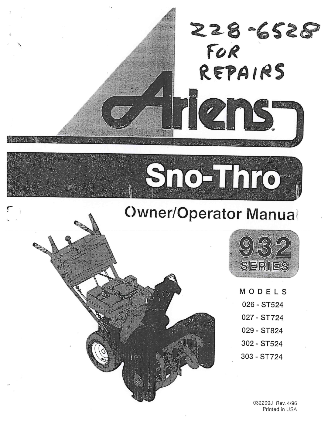 Ariens 303-ST724, 302-ST524, 027-ST724, 029-ST824, 026-ST524 manual 