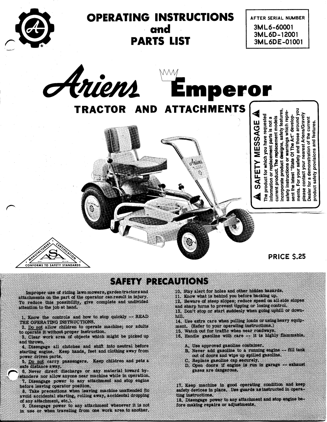 Ariens 3ML6DE-01001, 3ML6-60001, 3ML6D-12001 manual 