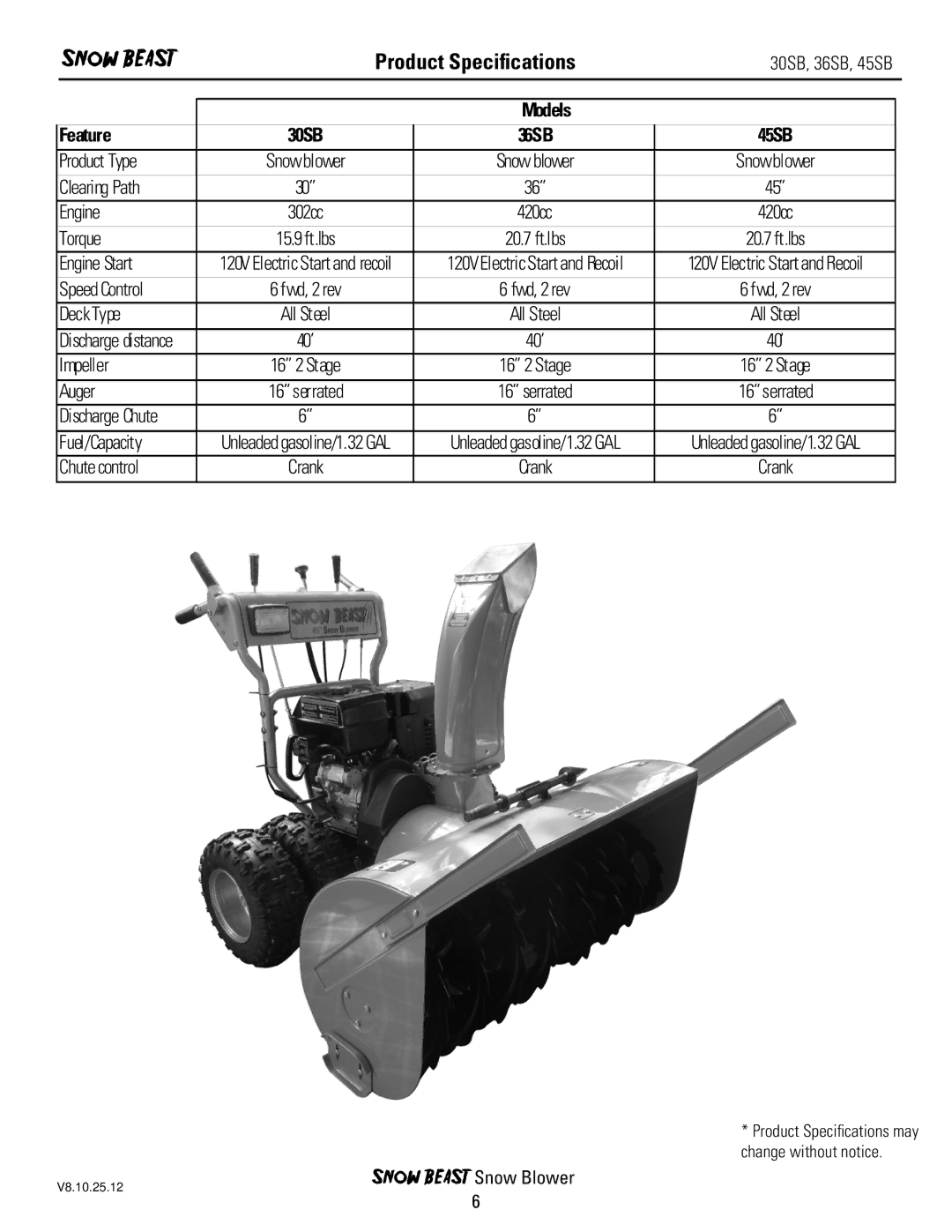 Ariens 36SB, 45SB, 30SB owner manual Product Speciﬁcations, Models Feature 