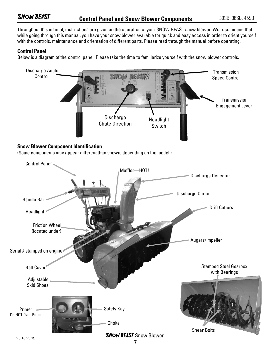 Ariens 30SB, 45SB, 36SB owner manual Control Panel and Snow Blower Components, Snow Blower Component Identiﬁcation 