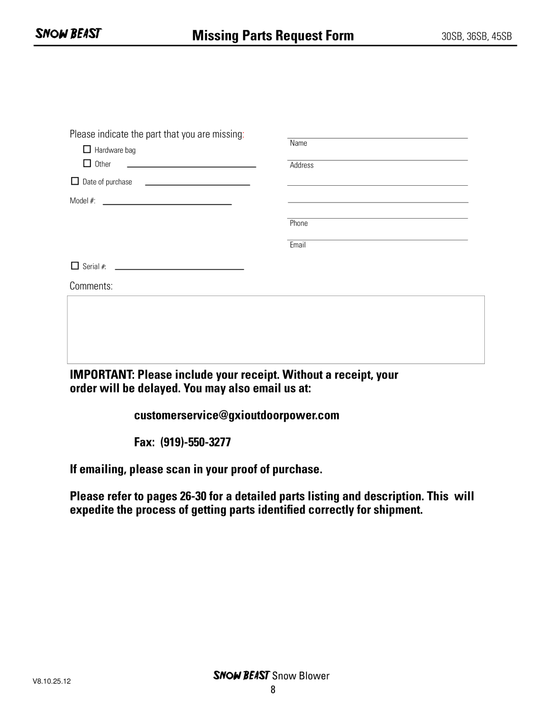 Ariens 45SB, 36SB, 30SB owner manual Missing Parts Request Form 