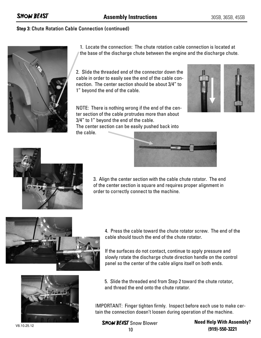 Ariens 30SB, 45SB, 36SB owner manual Assembly Instructions, Chute Rotation Cable Connection 