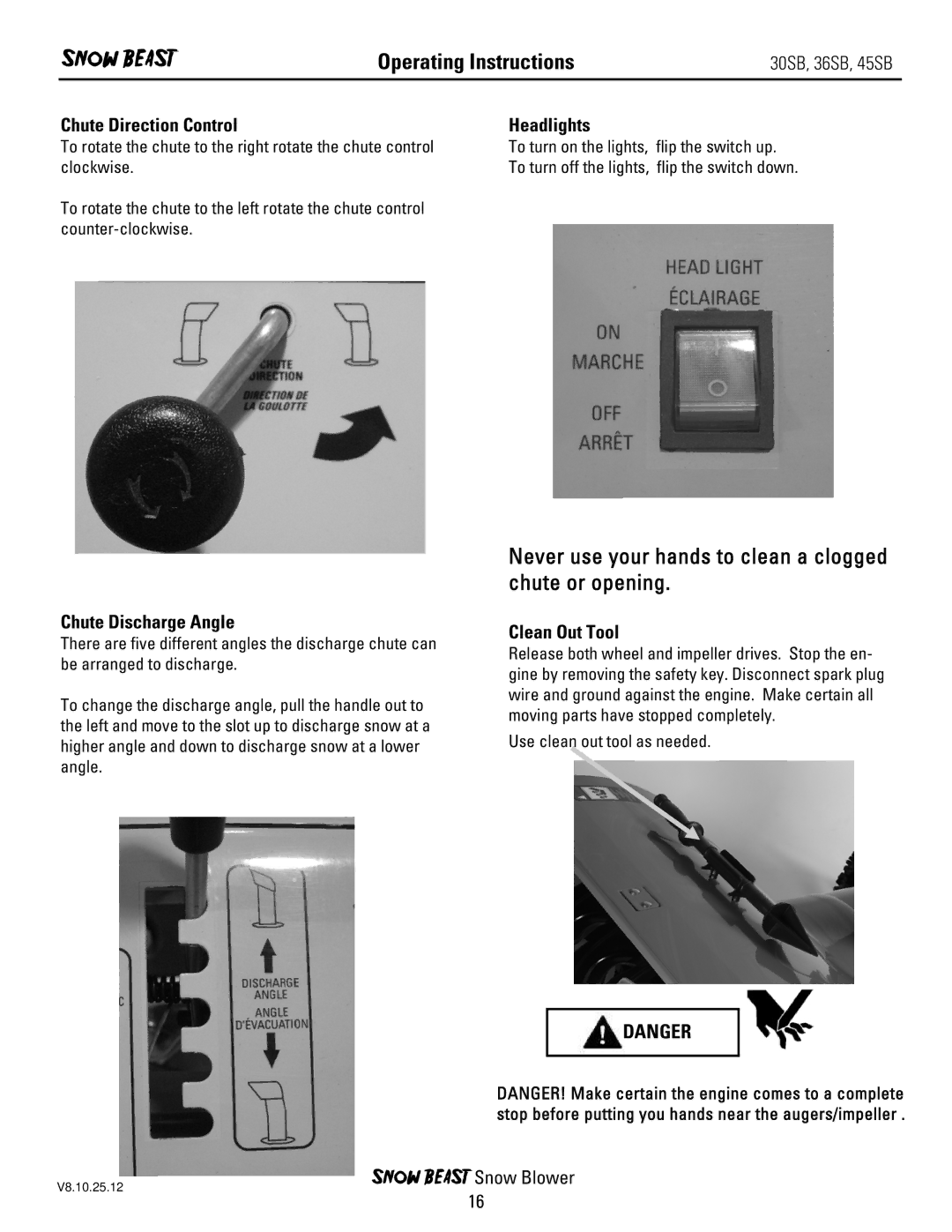 Ariens 30SB Never use your hands to clean a clogged chute or opening, Chute Direction Control, Headlights, Clean Out Tool 