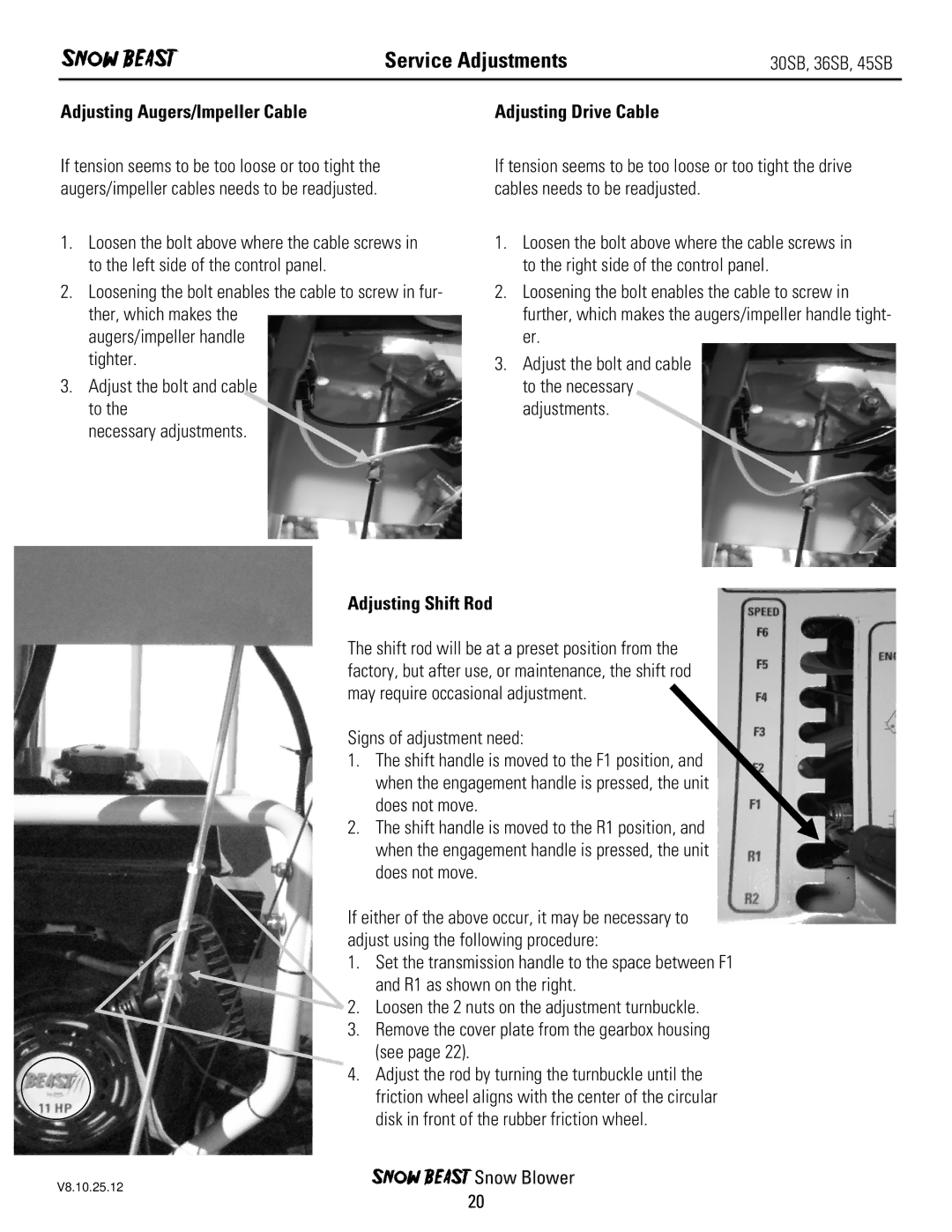 Ariens 45SB, 36SB, 30SB Service Adjustments, Adjusting Augers/Impeller Cable, Adjusting Drive Cable, Adjusting Shift Rod 