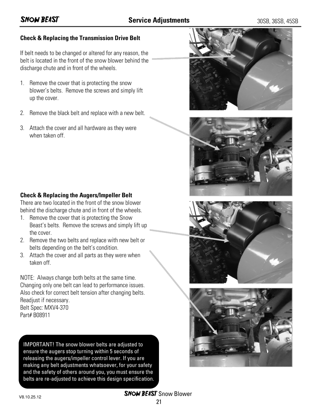 Ariens 36SB, 45SB, 30SB owner manual Check & Replacing the Transmission Drive Belt 