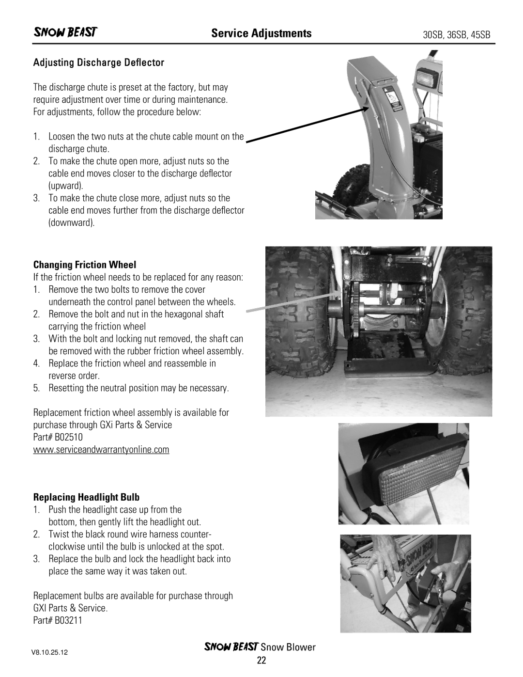 Ariens 30SB, 45SB, 36SB owner manual Adjusting Discharge Deﬂector, Changing Friction Wheel, Replacing Headlight Bulb 