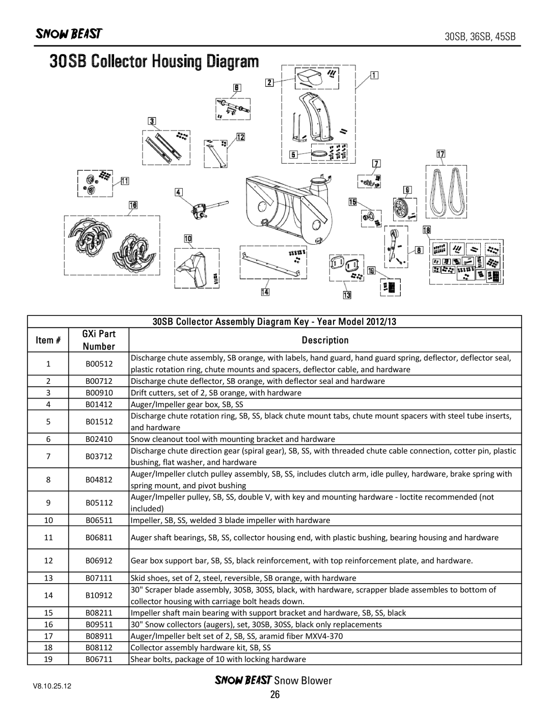 Ariens 45SB, 36SB owner manual 30SB Collector Assembly Diagram Key Year Model 2012/13 