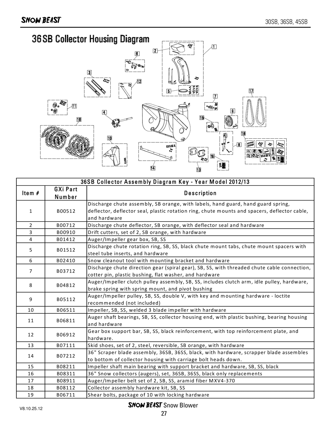 Ariens 45SB, 30SB owner manual 36SB Collector Assem bly Diagram Key Year M odel 2012/13 