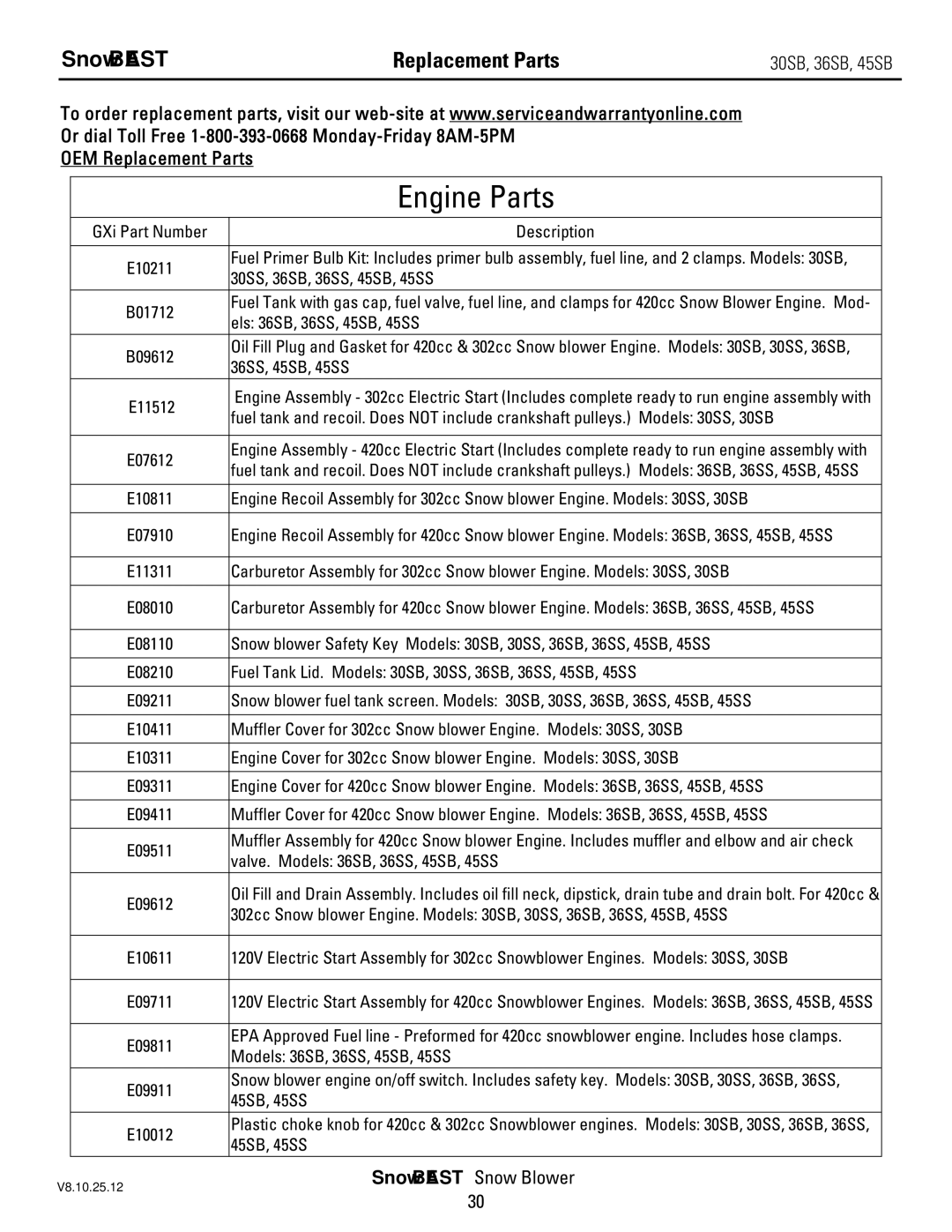 Ariens 36SB, 45SB, 30SB owner manual OEM Replacement Parts 