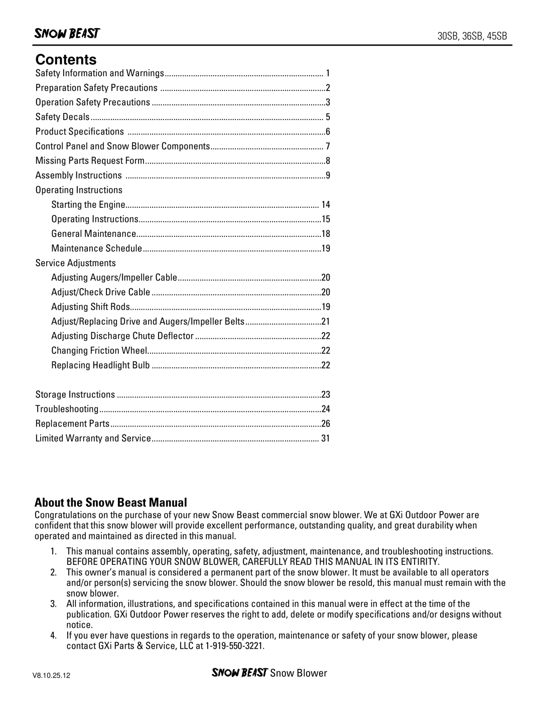 Ariens 36SB, 45SB, 30SB owner manual Contents 