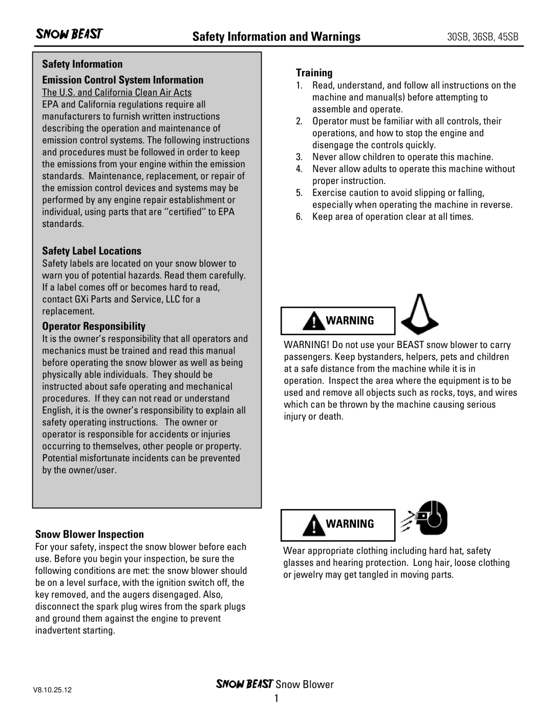 Ariens 30SB, 45SB, 36SB owner manual Safety Information and Warnings 