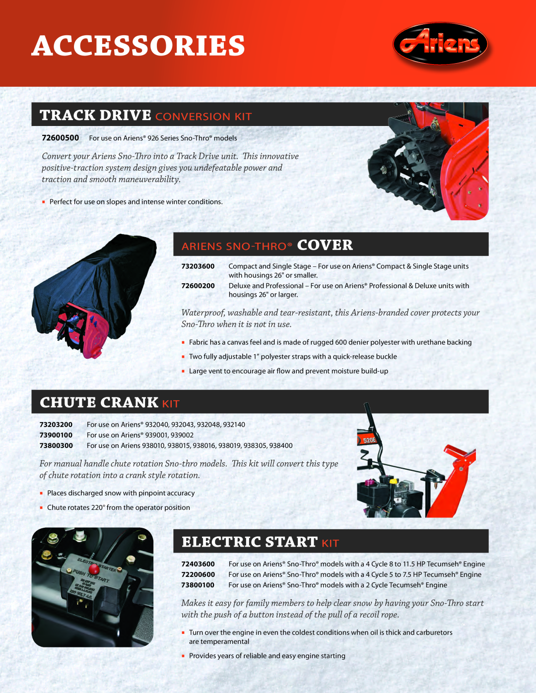Ariens 72406500 manual Chute Crank Kit, Electric Start Kit, Track Drive Conversion Kit, Ariens Sno-Thro Cover, Accessories 